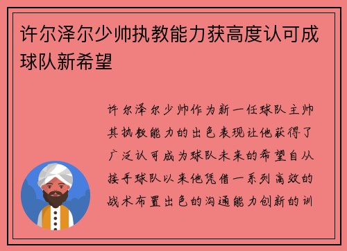 许尔泽尔少帅执教能力获高度认可成球队新希望