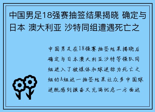 中国男足18强赛抽签结果揭晓 确定与日本 澳大利亚 沙特同组遭遇死亡之组